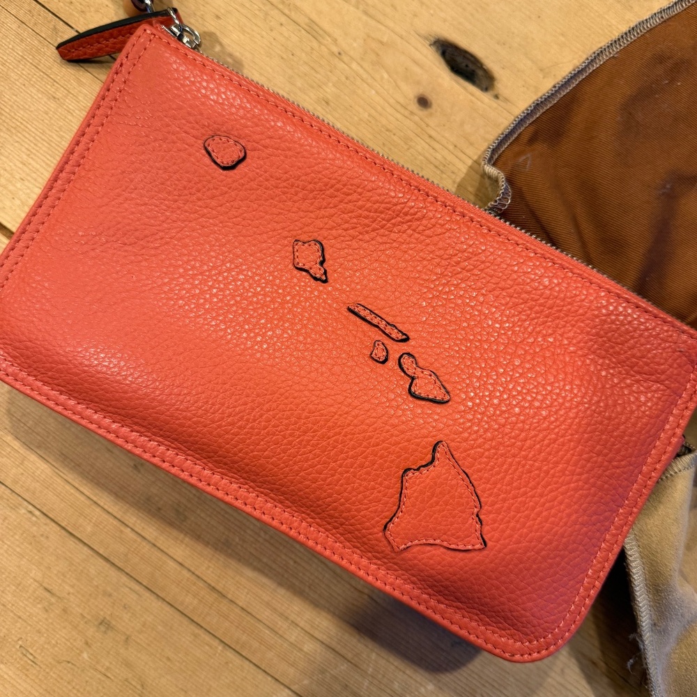 Leather Orange Clutch Purse/Wallet with a Removable Strap -- Hawaiian Islands